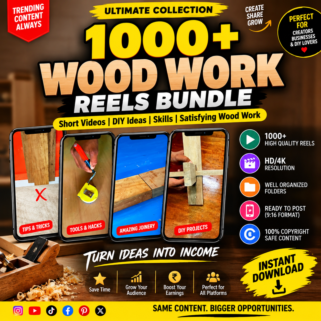1000+ Wood Work Reels Bundle – DIY, Woodworking & Satisfying Craft Videos